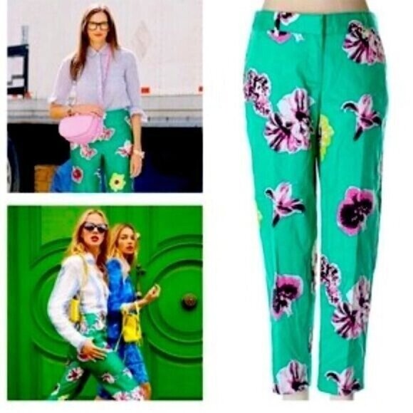 J.Crew Green Floral Ankle Cropped Straight Leg Casual Preppy Pants Size 0 - Picture 1 of 4